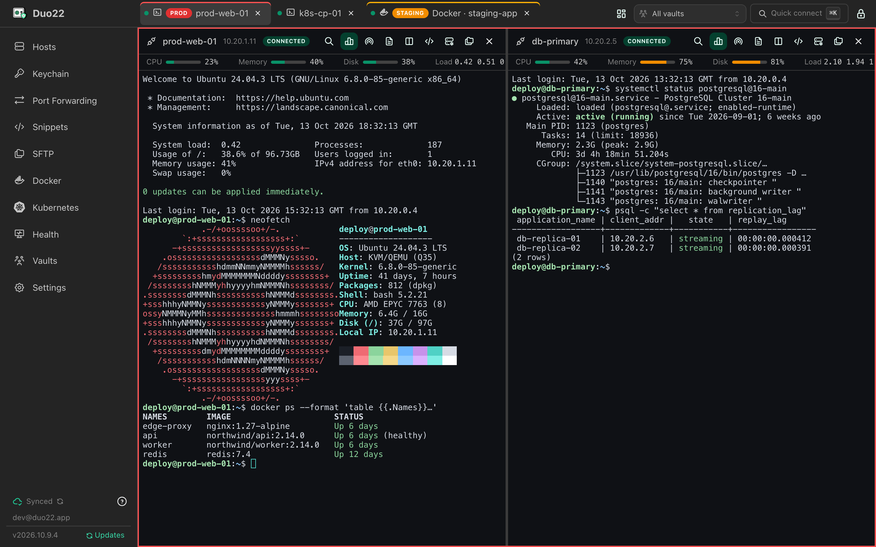 Duo22 with SSH tabs open: a split view of prod-web-01 and db-primary, with live CPU, memory and disk for each host, and tabs edged red for production and yellow for staging.